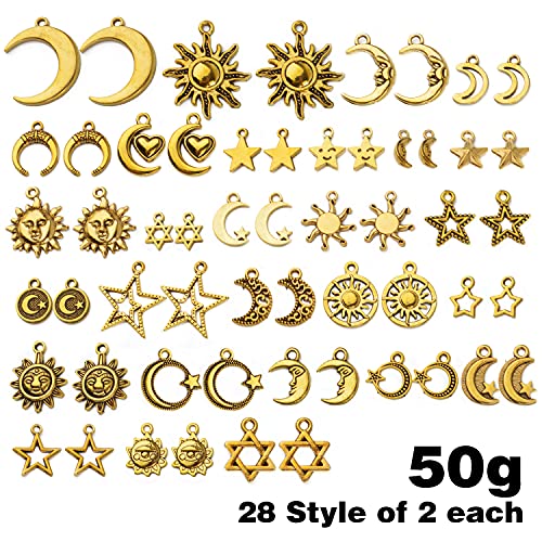 BronaGrand Celestial Pendant Charms,Sun Moon Star Cloud Charms Lightning Bolt Charms Jewelry Charms for Necklace Earrings Bracelet Jewelry - color: Gold/50g