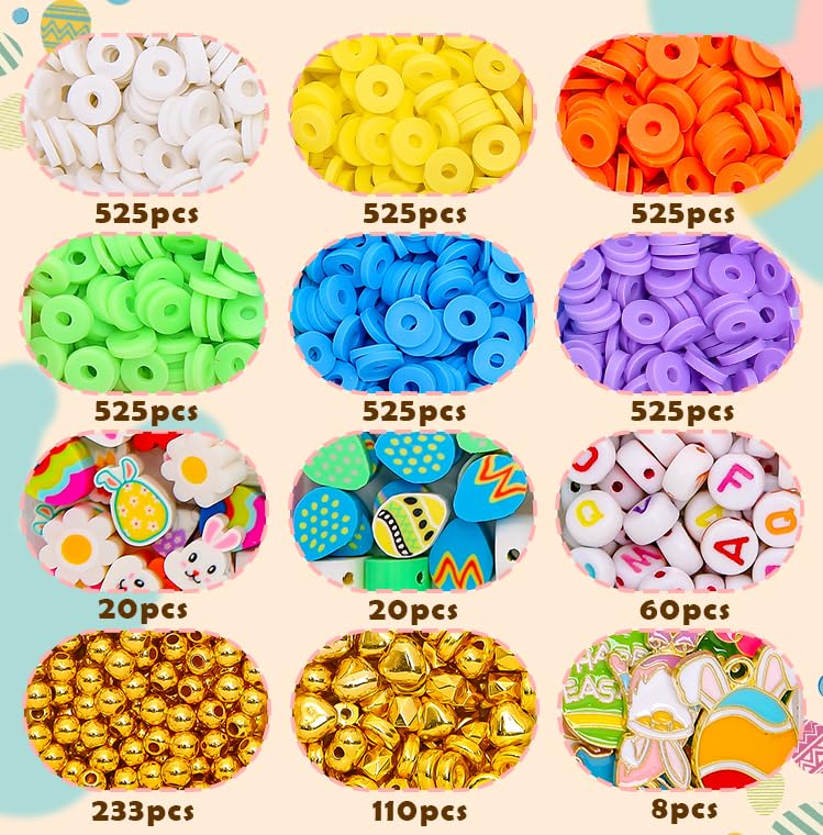 BONNY BOXX 3600PCs Easter Day Clay Beads Set, Flat Round Disc Heishi Polymer Clay Beads with Letter Beads & Charms for Friendship Bracelet Making, Easter Basket Stuffer for DIY Crafts Birthday Gifts - color: Clay Beads Set - 004