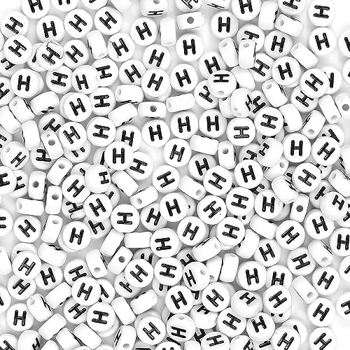 300Pcs Letter Beads H 4X7mm White Alphabet Beads Acrylic Round Shape Loose Beads for Name Bracelets Necklaces Key Chains DIY Jewelry Making (H) - color: Black, size: H