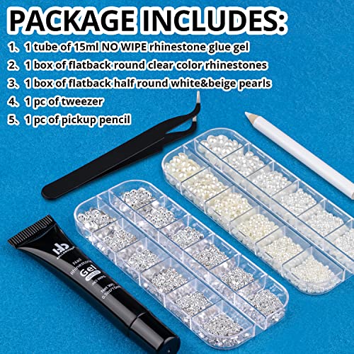 BELLEBOOST Nail Art Rhinestone Glue Gel&2 Boxes Flatback Gems Kit, 1 Tube of 15ml Rhinestone Gel Glue(UV/LED Needed)+Round Clear Gems+Flat-Back Half Round White&Beige Pearls with Pickup Tools - color: A12-Clear+ White&Beige Pearls