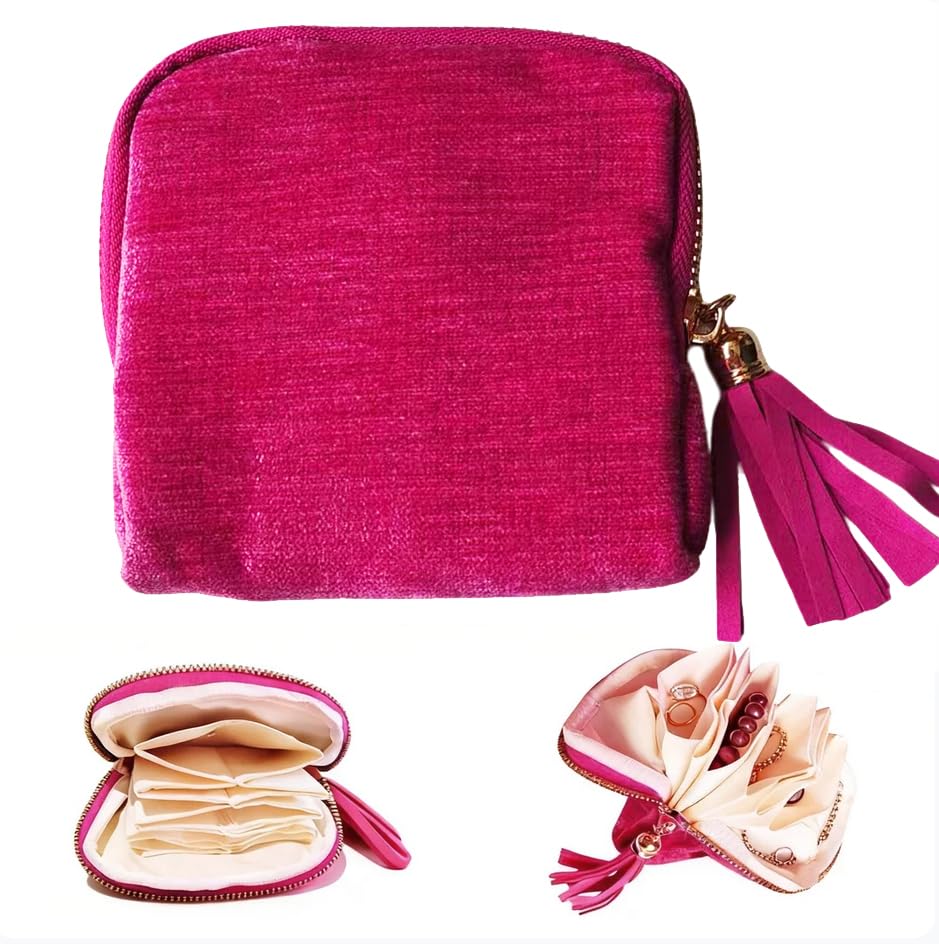 Travel Jewelry Organizer Case - Velvet Zipper Pouch with 6 Compartments for Bracelets, Earrings, Necklace, Anti-Scratch Storage, Valentine Gifts for Women (Pink) - color: Pink