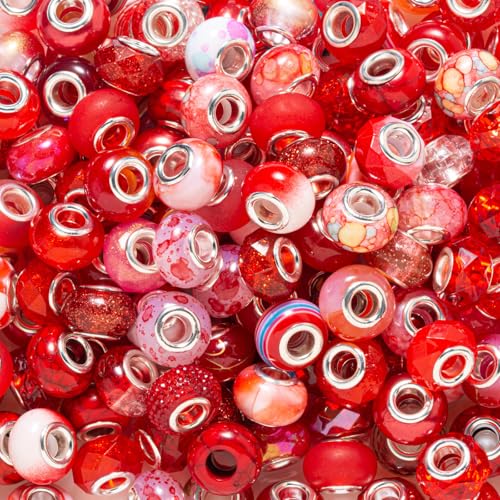 ZHIYUXI 100PCS Red European Large Hole Assorted Beads Bulk for Jewelry Making Big Hole Spacer Lampwork Murano Beads for Charms Bracelet Making Necklace Pens DIY Craft - color: F-Red Mix