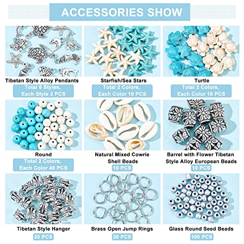 PH PandaHall 292pcs Turquoise Jewelry Making, Boho Ocean Beach Shell Bead Charms Starfish Mermaid Turtle Beads Summer Sea Dangle Pendant for Gift Bracelet Necklace Earring Anklet Craft Jewelry Making - color: Blue