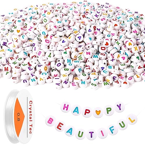 Letter Beads, DECYOOL Acrylic Alphabet Beads with 1 Roll Elastic String for Bracelet Necklace Jewelry Making Supplies (White Colorful) - color: White Colorful