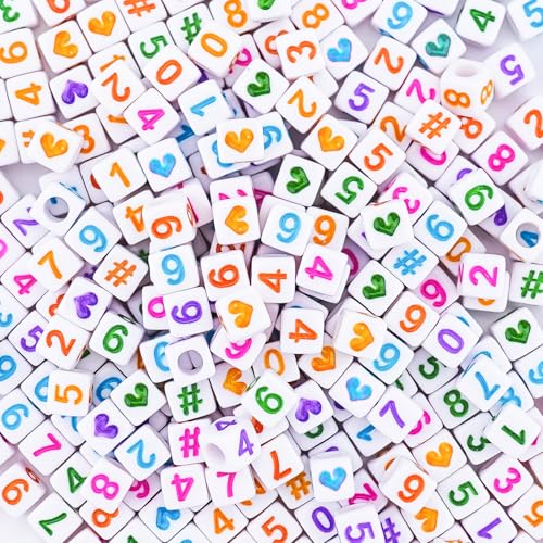 800Pcs Square Number & Heart Beads, 6x6mm Acrylic Beads for Friendship Bracelets - color: Number and Heart Beads