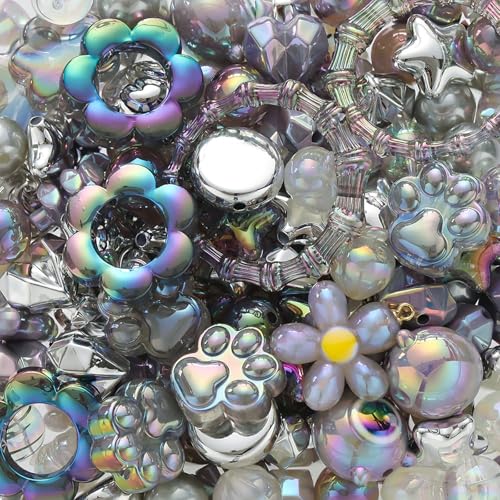 100G Assorted Acrylic Beads for Bracelet Making, Grey Large Aesthetic Kawaii Beads for Keychain Phone Charms, Multi-Shapes Cute Bead for Jewelry Making, DIY Crafts, Necklace - color: Grey