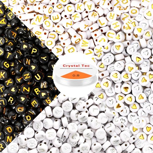 DECYOOL 1900pcs Letter Beads,Acrylic Alphabet Beads with 1 Roll Elastic String for Bracelet Necklace Jewelry Making Supplies (Gold&Silver&Black) - color: Gold&Silver&Black