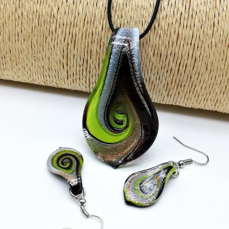 Glass Water Drop Shape Glaze Spiral Dangle Earrings Lampwork Handmade Glass Bead Geometric Earrings for Women Jewelry - color: Paint Green