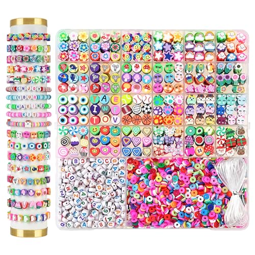 richginker 2300pcs Polymer Clay Beads Bracelet Making Kit, 24 Style Cute Fun Beads for Friendship Bracelets Letter Beads Charms Kit for Jewelry Making DIY Arts and Crafts Birthday Gifts Toys for Kids - color: 1#Clay Beads