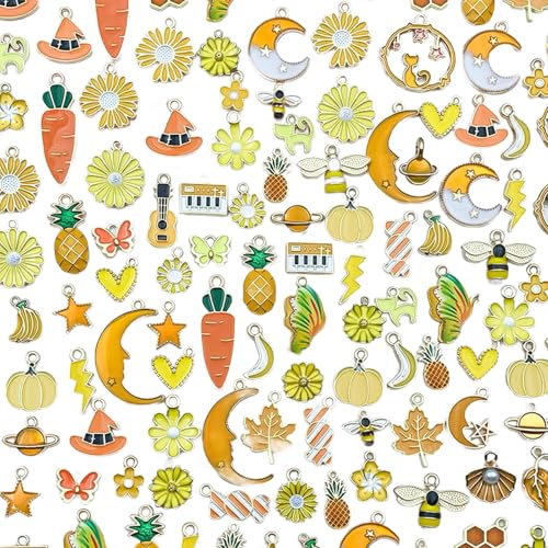 50/100 pcs Enamel Charms, Alloy Flowers Heart Sewing Butterfly Themed Charm Pendants for Jewelry Making, Assorted Gold Plated Dangle Charms for DIY Necklace Bracelet Earring Craft - color: Yellow - 100 pcs
