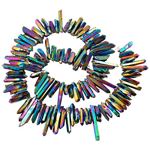 SUNYIK Rainbow Titanium Coated Crystal Points Quartz Rough Sticks Spikes Point Beads 15 inch Strand Drilled - color: #2-Rainbow(Rough), size: 0.4"-1.3"