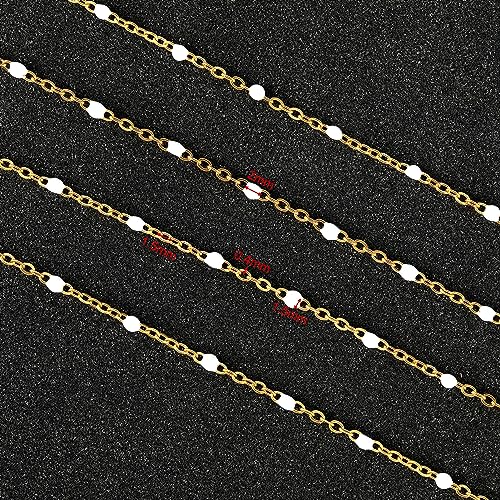 UMAOKANG 33 Feet Chains Bulk on Spool Gold Plated Stainless Steel White Bead Chain for Jewelry Making - color: Gold-White Enamel