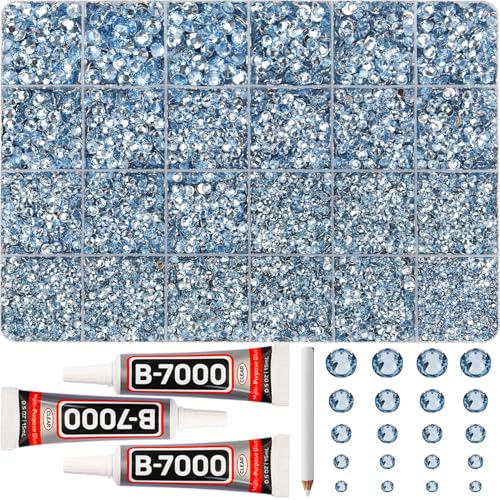 31000Pcs Light Blue Rhinestones for Bedazzling Bedazzled Crafting, Baby Blue 2-6mm Resin Flatback Gems Bedazzle Kit, Flat Back Jewels Diamonds Gemstones Crystal b7000 Glue for Clothes Crafts Clothing - color: Light blue 2-6mm, size: Large Pack + 3Pcs Glue