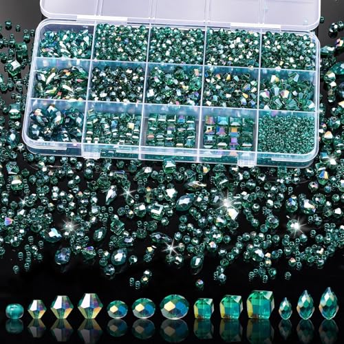 Song Xi 1500PCS Glass Beads for Jewelry Making, Assorted Faceted Crystal Beads Kit for Bracelet Earring Necklace, for DIY Clear and Iridescent Christmas Gift (AB Peacock Green) ﻿ ﻿ - color: AB Peacock Green
