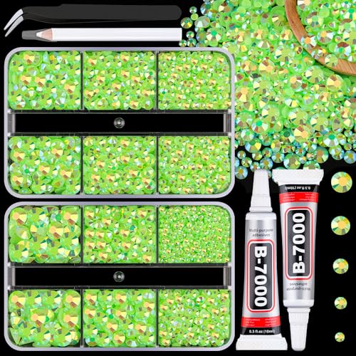 Resin Jelly Rhinestones for Crafting with B7000 Jewelry Glue, 2 Boxes Fluorescent Green AB Flatback Crystals with 2Pcs 10ml Glue, Bedazzling Non Hotfix Gems for DIY Tumblers Clothing Shoes Manicure - color: Fluorescent Green AB, size: 2 Mini Pack + Glue