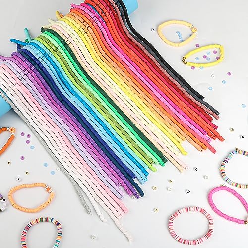 JMUQ 14 Strands Yellow Clay Beads Bracelet Making Kit, 5500 Flat Polymer Clay Heishi Beads for Friendship Bracelets Jewelry Making Kit with Letter Pearl Gold Spacer Beads for Women - color: yellow