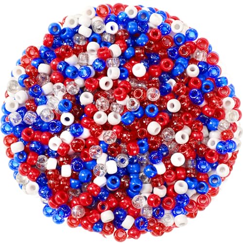 UPINS 1200Pcs Red White Blue Pony Beads, 1200Pcs Independent Day Patriotic Beads 4th of July Pony Beads for Jewelry Making Crafts DIY Necklace Bracelets Hair Beads - color: Red White Blue