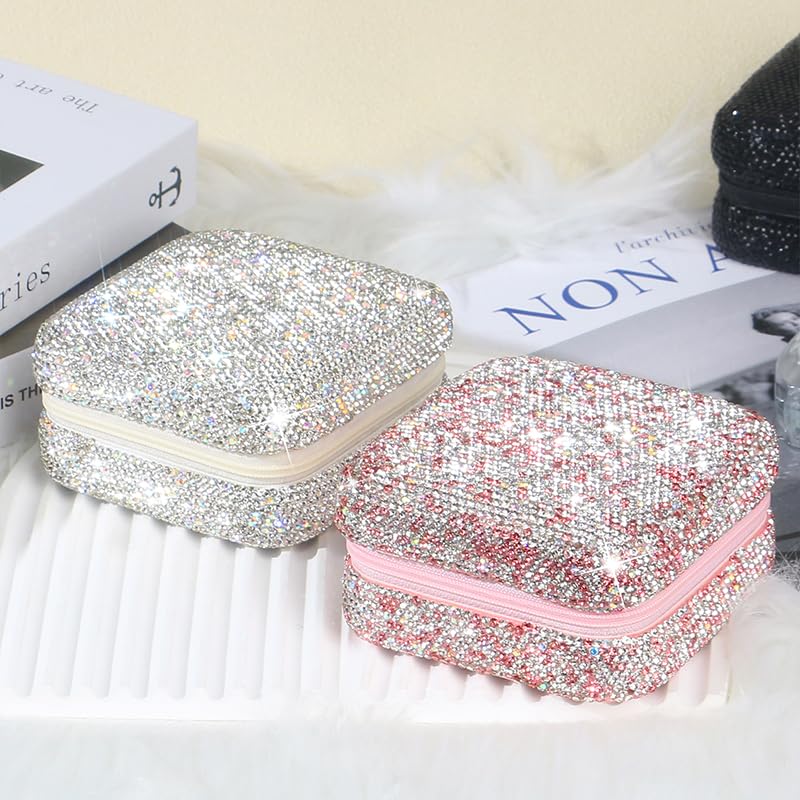 Bling Jewelry Organizer, Travel Jewelry Case Organizer Portable Small Jewelry Storage Box Shining Jewelry Holder Case Gifts for Women Teen Girls and Friends Mother's Days (Silver)
