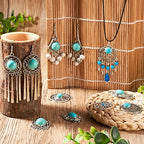 Mega Pet 16Pcs Turquoise Alloy Chandelier Components Tibetan Style Flat Round Oval with Stone Connector Charms Antique Filigree Link Charms for Women DIY Necklace Earring Jewelry Making - color: Mixed Shapes