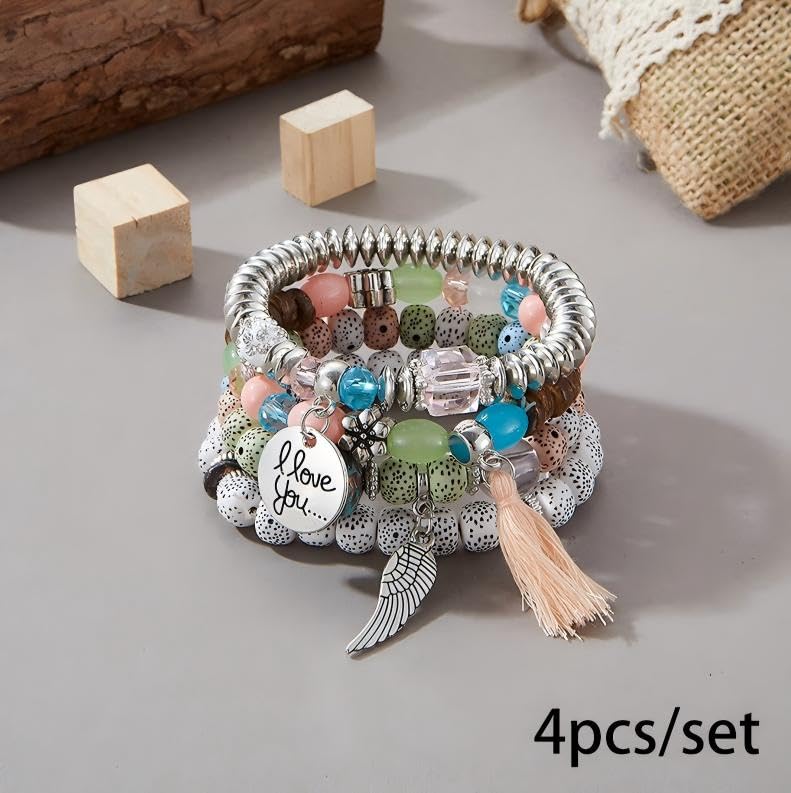 Bohemian Multilayer Beaded Bracelet Set, Colorful Stacked Stretch Bracelets with Tassel and Wing Charm - color: xhy021-7