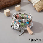 Bohemian Multilayer Beaded Bracelet Set, Colorful Stacked Stretch Bracelets with Tassel and Wing Charm - color: xhy021-7