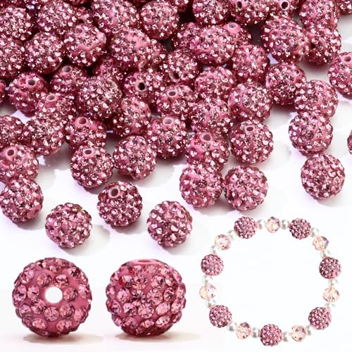 Dowarm 110PCS 10MM Pink Rhinestone Beads for Jewelry Making, Round Rhinestone Clay Beads for Crafts Bracelet Baseball Necklace Beaded Pen, Polymer Shamballa Pave Disco Diamond Bead - color: 05-Pink, size: 10MM