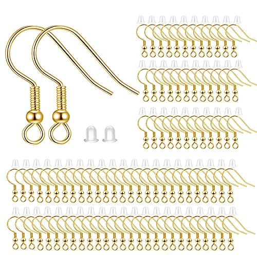 BEADNOVA Fish Hook Earring Hooks 150pcs Earring Findings with Backs for Ear Wire Supplies Earwire Making DIY (150pcs Gold Ear Wires and 150 pcs Backs, Total 300pcs) - color: Gold, size: 150pcs