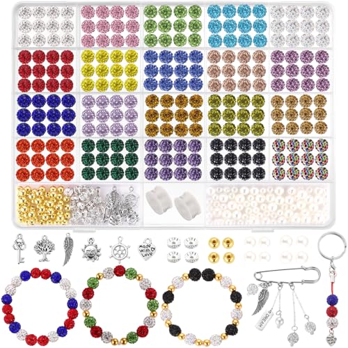 Rhinestone Beads 10mm, 408pcs Disco Ball Beads Set for Jewelry Making, Funtopia Sparkle Crystal Clay Bead, Colorful Bling Bead with Charms Spacer Beed for Bracelet Necklace Earring Crafting - color: colorful