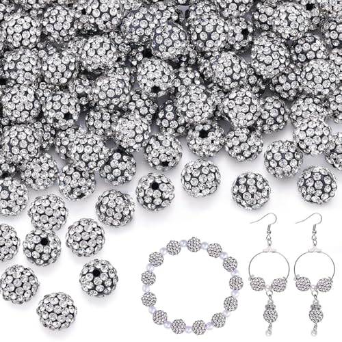 100pcs 10mm Rhinestone Beads for Jewelry Making, Black White Shiny Round Shamballa Disco Ball Beads, Sparkle Crystal Clay Christmas for Bracelet Baseball Necklace Earring Crafting and DIY - color: Black White, size: 10mm/100pcs
