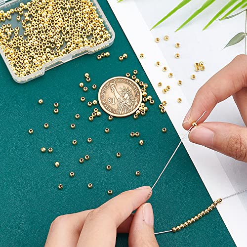 PH PandaHall 500pcs 3mm Gold Beads 18K Gold Plated Beads Long-Lasting Round Smooth Spacer Beads Seamless Loose Balls Mini Seed Beads for Summer Hawaii Stackable Necklace, Bracelet, Earring Making - size: 3mm