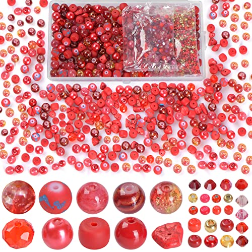 Rired 27 Glass Beads for Jewelry Making, 900pcs Red Bead Jewelry Making kit, 8mm Round Assorted Beads with Bicone and Seed Beads for Bracelet Making - color: RED