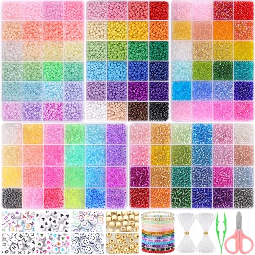 Funtopia 13000pcs 4mm Seed Beads for Jewelry Making, 5 Types 120 Colors Small Glass Beads for Bracelets, Friendship Bracelet Kit with Alphabet Letter Beads, Smile Face Beads for DIY, Art and Craft - size: 4mm