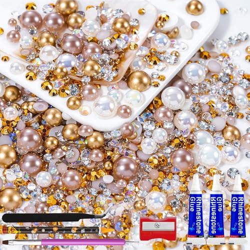 60g Champagne Gold Flatback Rhinestones Half Pearls for Crafting, Mixed Size 3mm-10mm Resin Rhinestones for Bedazzling, Small Pearls for DIY Tumblers Mugs Nail Art Shoes Clothes with Glue - color: Champagne-Gold, size: 60g