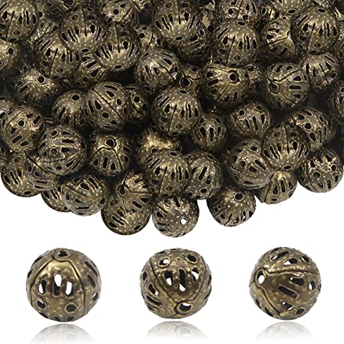 TOAOB 100pcs 8mm Antique Bronze Filigree Hollow Ball Beads Round Metal Loose Spacer Beads for DIY Crafts Bracelets Necklaces Earrings Jewelry Making - color: Antique bronze, size: 8mm