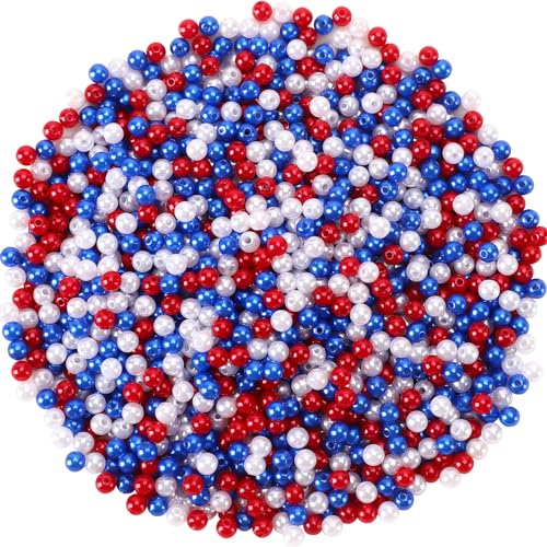 UPINS 1200Pcs Red White Blue Beads, 4th of July Patriotic Round 6mm Pearl Beads for Jewelry Making Independence Day Party Decoration Necklace Bracelets Earrings Hair Beads DIY Crafts Supplies - color: Red White Blue, size: 6 mm