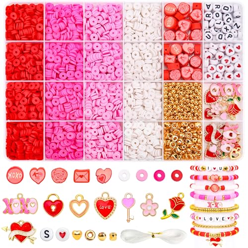 BONNY BOXX 3300PCs Valentine Day Clay Beads Set, Flat Round Disc Heishi Polymer Clay Beads with Letter Beads & Charms for Friendship Bracelet Making, Valentine Jewelry for DIY Crafts Birthday Gifts - color: Clay Beads Set - 003