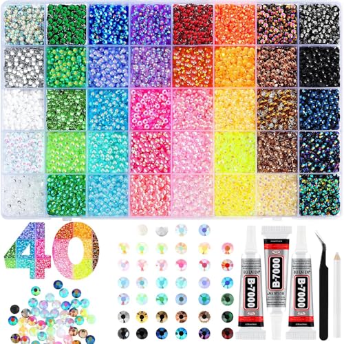 40000Pcs 40 Colors Jelly Rhinestones for Bedazzling,Mix Colors Bedazzling Kit with Rhinestones,3MM SS10 Colorful Resin Flatback Gems with B7000 Jewelry Glue for Crafting, Nail Art, Shoes, Books - color: Mix colour 40 3mm, size: X-large Pack+3pcs Glues
