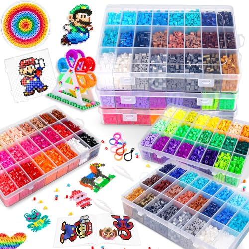 FUNZBO 15000+ 5mm Fuse Beads Kit - 72 Colors | 66 Patterns, Arts and Crafts for Kids, Art Decorations for Room, Birthday Toys Gifts for Girls, Boys and Teens Age 5+ Years Old - size: 15000 pcs with Pegboards