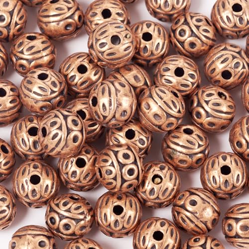 KISSITTY 50Pcs Antique Red Copper Round Iron Beads 8mm Small Hole Loose Metal Corrugated Round Bead Craft Tibetan Style Alloy Spacer Bead for DIY Jewelry Making Findings Charms Pendants