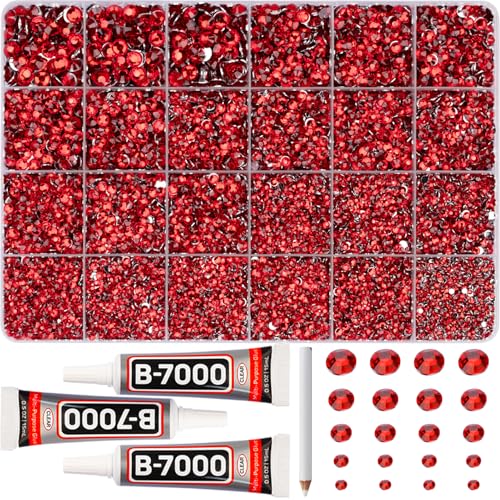 31000Pcs Red Rhinestones for Bedazzling, 2,3,4,5,6mm Mixed Sizes Resin Bedazzle Red Gems, Siam Flatback Bedazzled Stones Crystal Jewels Diamonds Gemstones for Crafting Clothes Crafts with Glue - color: Red 2-6mm, size: Large Pack + 3Pcs Glue