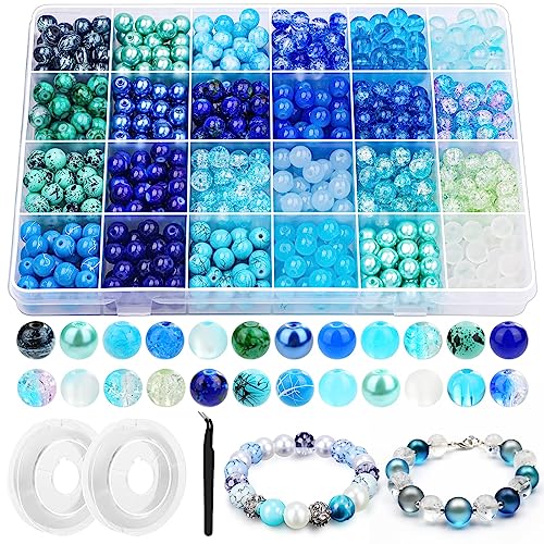 PAXCOO 720pcs Glass Beads for Jewelry Making 8mm, 24 Colors Bead Bracelet Making Kit Blue Round Loose Beads for Bracelet Earring Necklace Jewelry Making Supplies - color: Blue