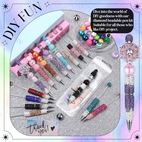 Tondiamo 45 Pcs Full Rhinestone Beadable Pens Bulk Set 15 Glitter Diamond Pens with Cards & Bags Fancy Beaded Pen for Beads DIY Cute Journalling Bling Ballpoint Craft Making(Gradient Diamonds) - style: Gradient Diamonds