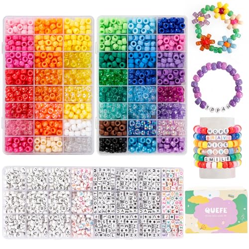 Quefe 3960pcs Pony Beads for Friendship Bracelet Making Kit 48 Colors Kandi Beads Set, 2400pcs Plastic Rainbow Bulk and 1560pcs Letter Beads for Keychains Craft Jewelry Necklace - color: A-48 colors