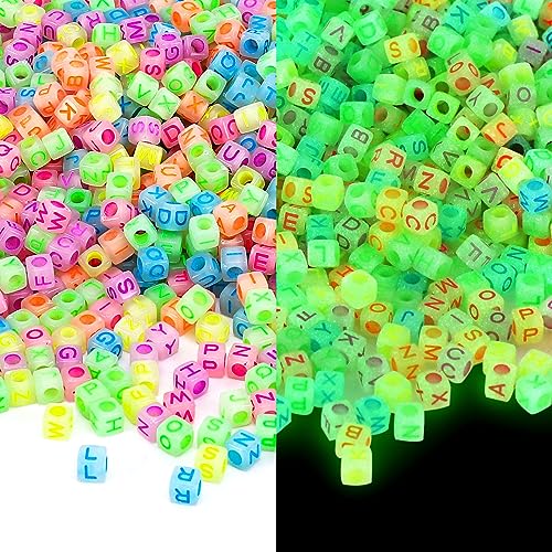 Augshy 1400pcs Glow in The Dark Square Acrylic Alphabet Beads Bracelet A-Z Cube Letters Beads for Bracelets Necklaces Phone Lanyard Making with 1 Roll Crystal String Cord for Jewelry Making(6 mm) - color: Glow in The Dark