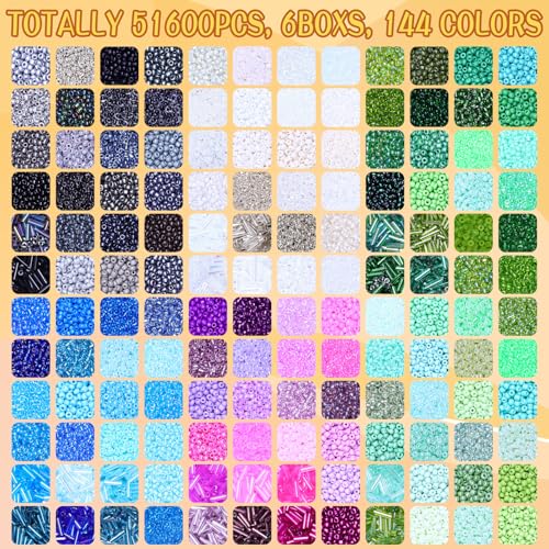 51600pcs Seed Beads Kit, 144 Colors 2mm Seed Beads & 7mm Long Bugle Beads Set, 12/0 Small Mini Craft Pony Beads for Jewelry Making Supplies for DIY Bracelet, Necklace, Crafts