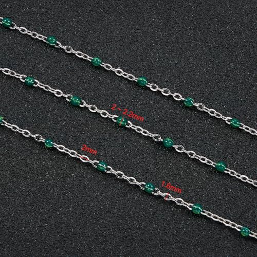 UMAOKANG 33 Feet Green Enamel Beaded Chain for Jewelry Making Stainless Steel Thin Chains Necklace Bracelet DIY Bulk Chain - color: Green-Silver