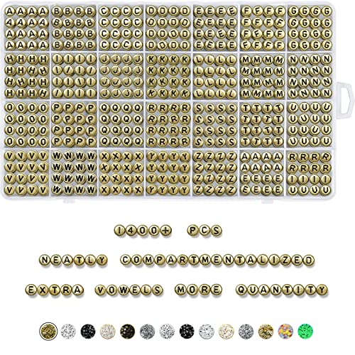Deinduser 1400 Pcs Gold Letter Beads- Letter Beads for Bracelets - Acrylic Letter Beads for Jewelry Making - Bracelet Letter Beads - Alphabet Beads Gold Beads with Black Inked Letter - color: Gold beads with Black inked letter, size: Round 4*7mm