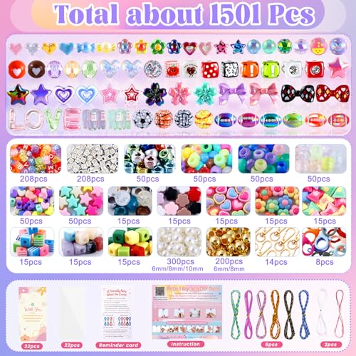TOHONGADON 1501 Pcs DIY Bag Charm Kit, Colorful Keychain Making Kit,with Key Chain Hooks, Acrylic Balls Heart Star Flower Bow Letter Alphabet Beads, Gift Bags, Manual for Custom Keychains - color: 1501 Colorful Beads