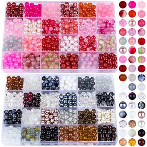 XSEINO About 1200PCS 8mm Glass Beads Bracelet Making Kit,48 Assorted Red and Black-White Series Colorful Crystal Beads for Making and DIY Crafts - color: 2Box Red&Black Glass Beads