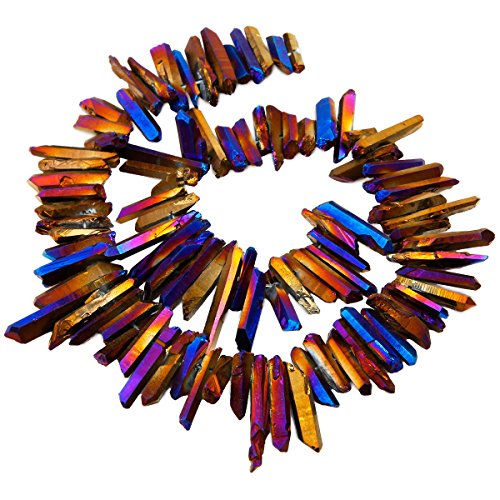 SUNYIK Purple/Gold/Blue Titanium Coated Crystal Points Quartz Rough Sticks Spikes Point Beads 15 inch Strand Drilled - color: Purple/Gold/Blue(Rough), size: 0.4"-1.3"